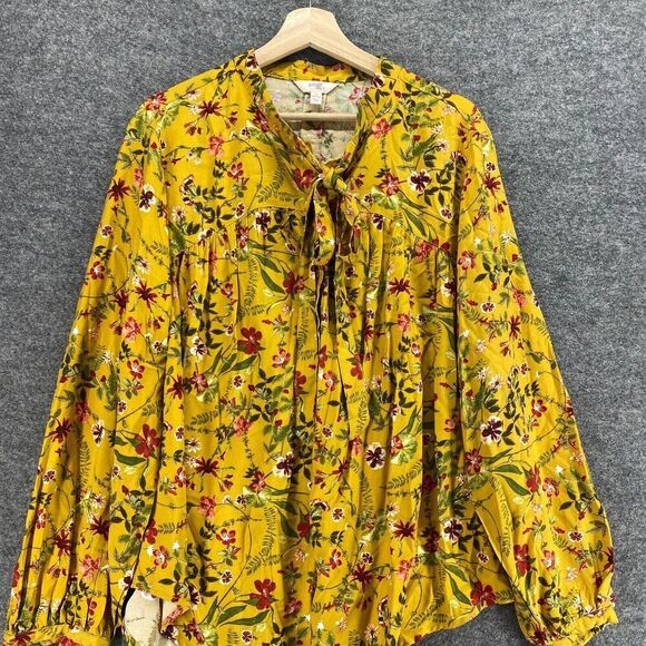 Terra & Sky Blouse Women 1X Plus Yellow V-Neck Tie Up Long Sleeve Rayon Casual - Picture 3 of 9